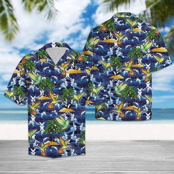 Felacia [Hawaii Shirt] Ocean Waves Hummingbird �Tropical Vibe Hawaiian Aloha Shirts-ZX2591